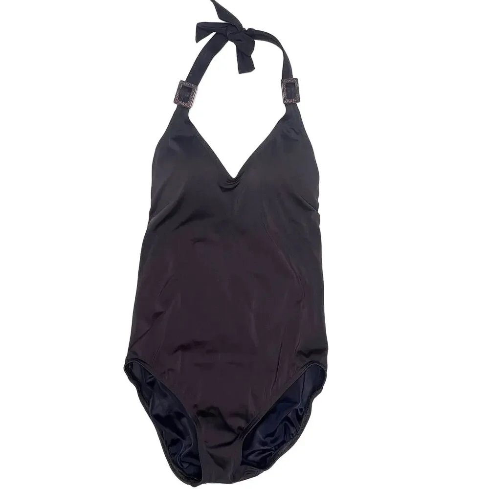 Lands' End Size 6 One Piece V-Neck Halter Brown Swimsuit
